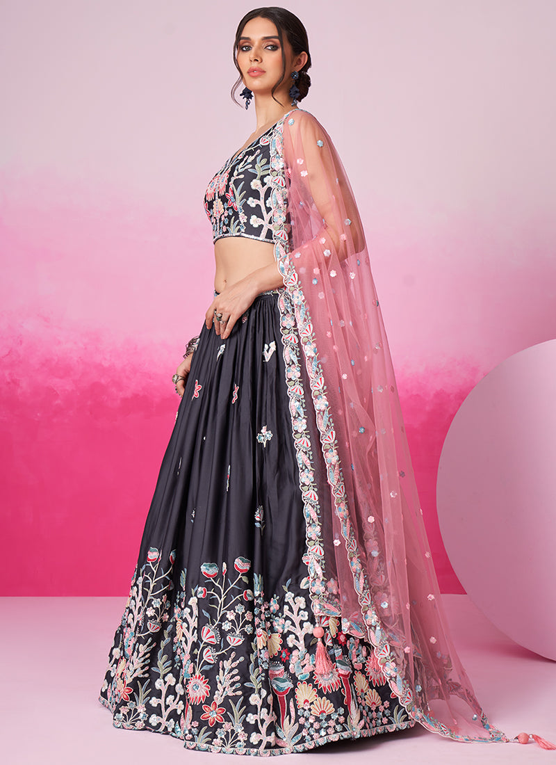 Charcoal Grey Embroidered Bridal Lehenga Choli