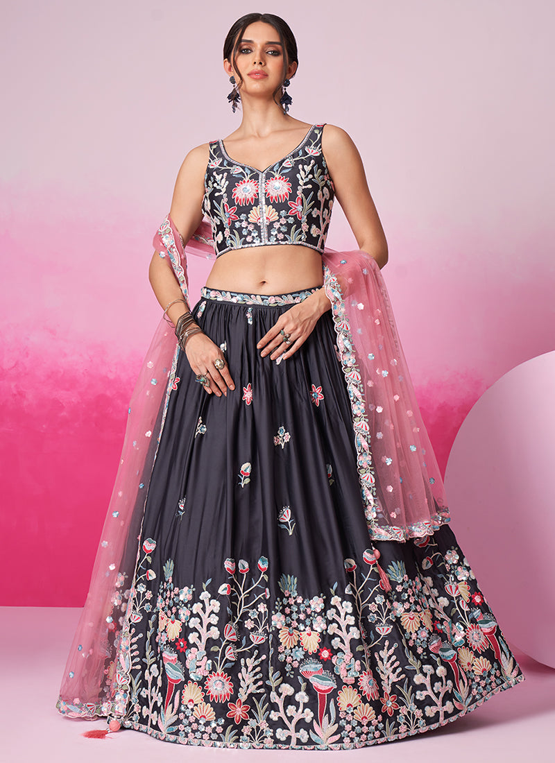 Charcoal Grey Embroidered Bridal Lehenga Choli