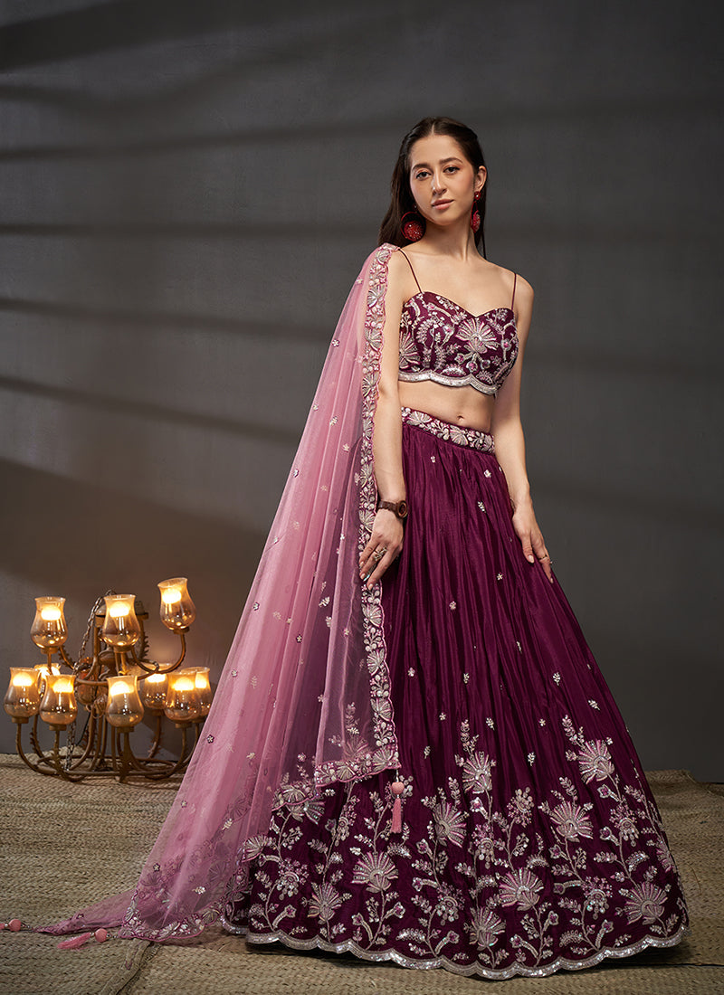 Deep Wine Embroidered Bridal Lehenga Choli