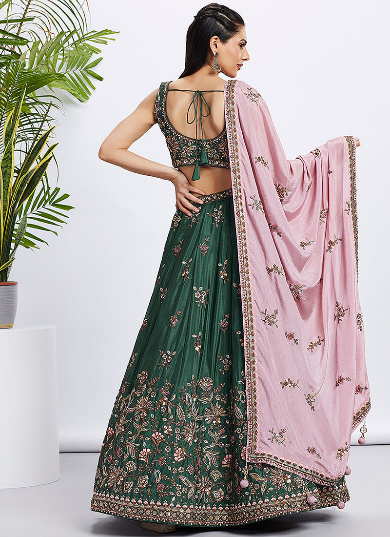 Green And Pink Multi Embroidered Bridal Lehenga Choli