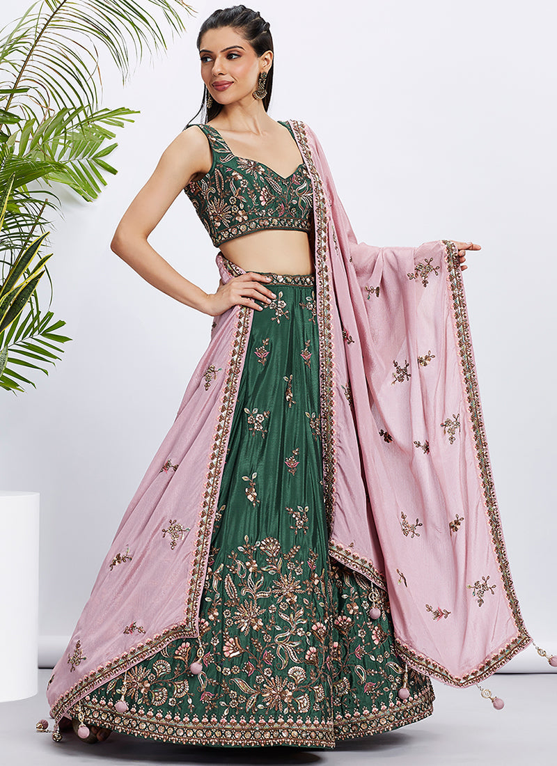 Green And Pink Multi Embroidered Bridal Lehenga Choli