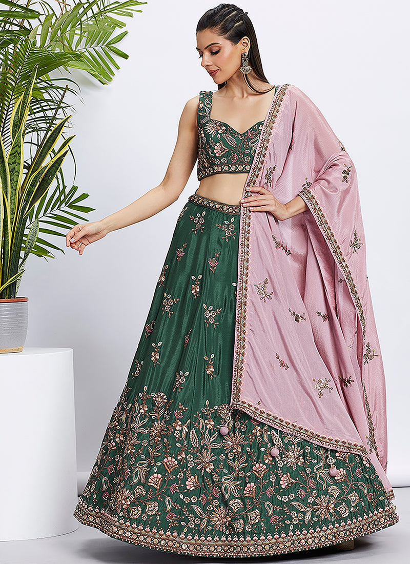 Green And Pink Multi Embroidered Bridal Lehenga Choli