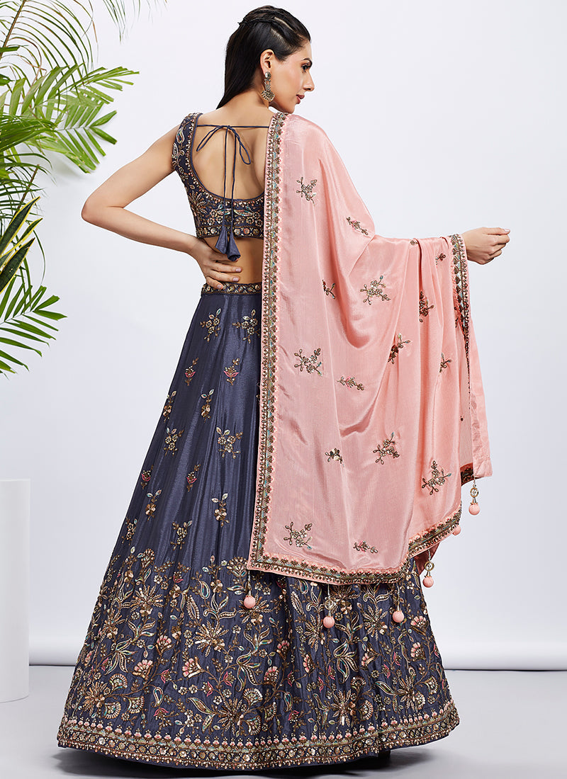 Violet And Peach Multi Embroidered Bridal Lehenga Choli