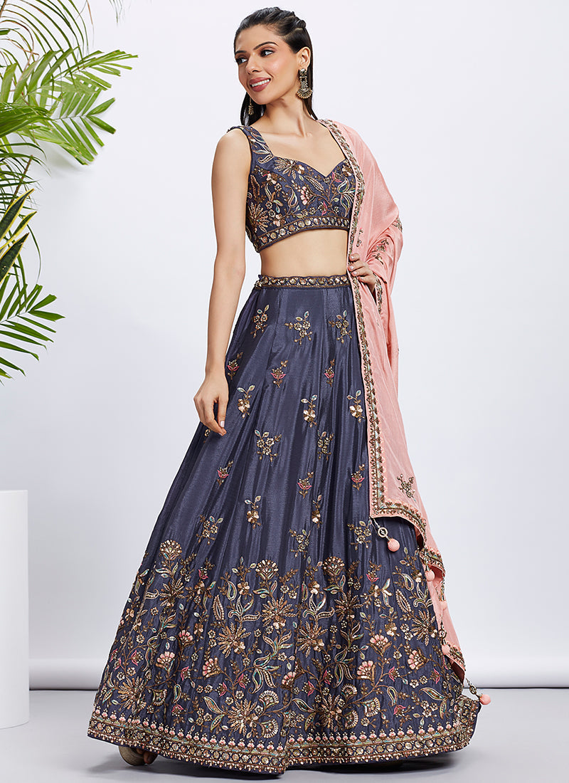 Violet And Peach Multi Embroidered Bridal Lehenga Choli