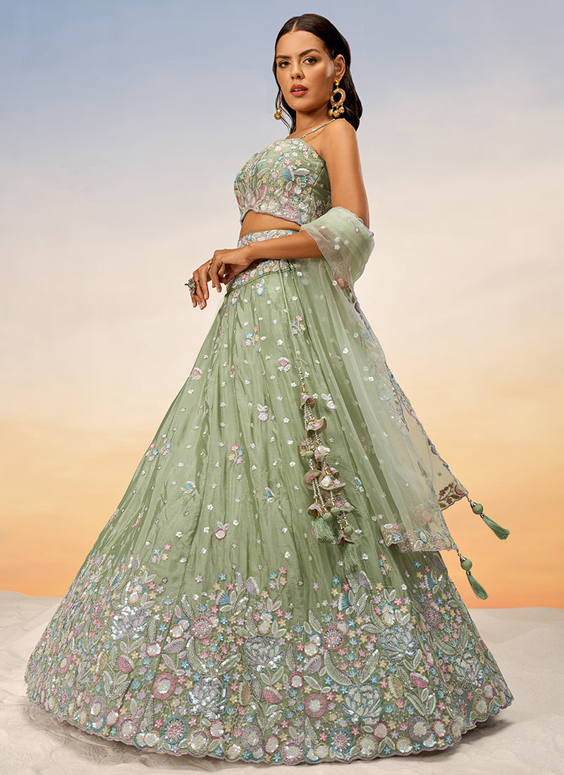 Pastel Green Multi Embroidery Bridal Lehenga Choli