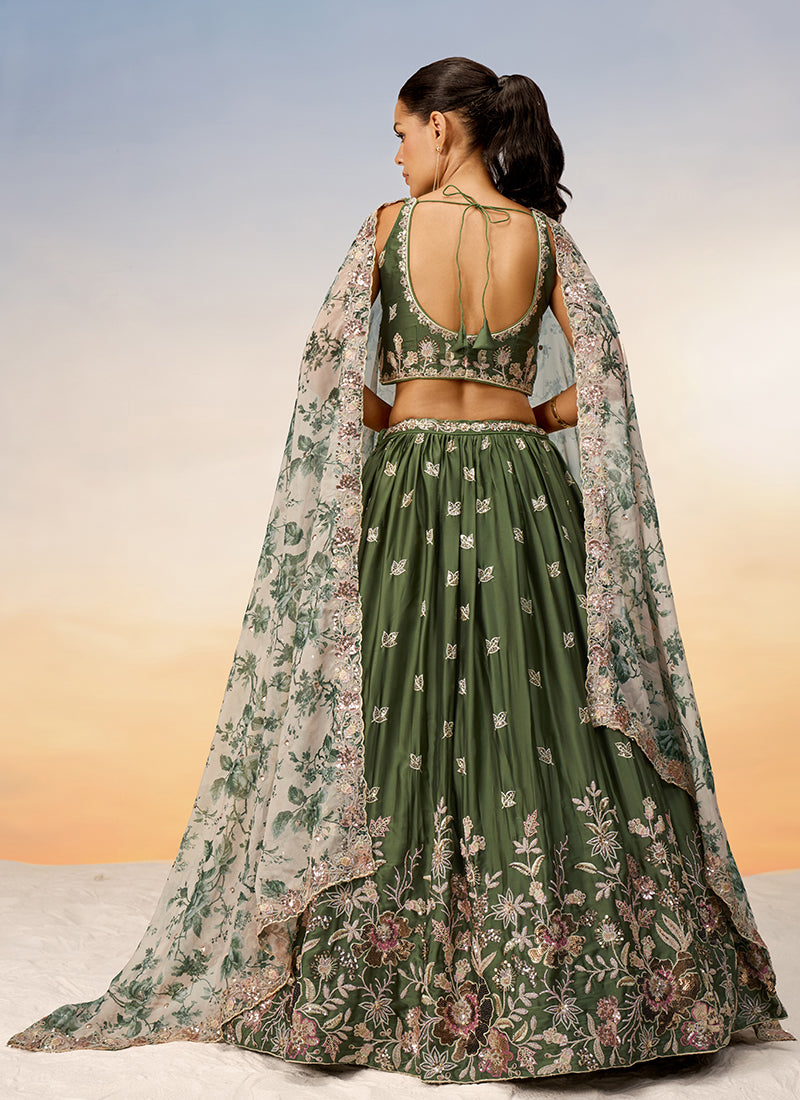 Olive Green Multi Embroidery Bridal Lehenga Choli