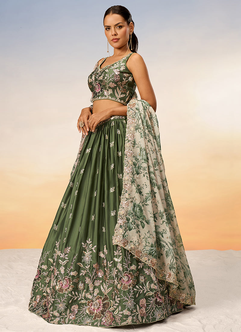 Olive Green Multi Embroidery Bridal Lehenga Choli