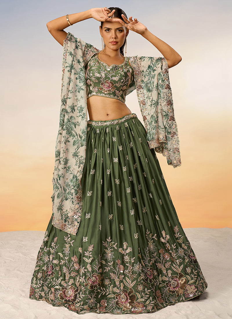 Olive Green Multi Embroidery Bridal Lehenga Choli