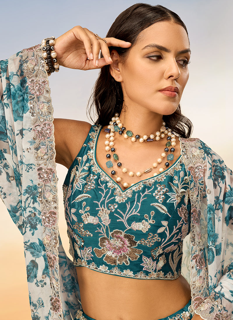 Turquoise Multi Embroidery Bridal Lehenga Choli