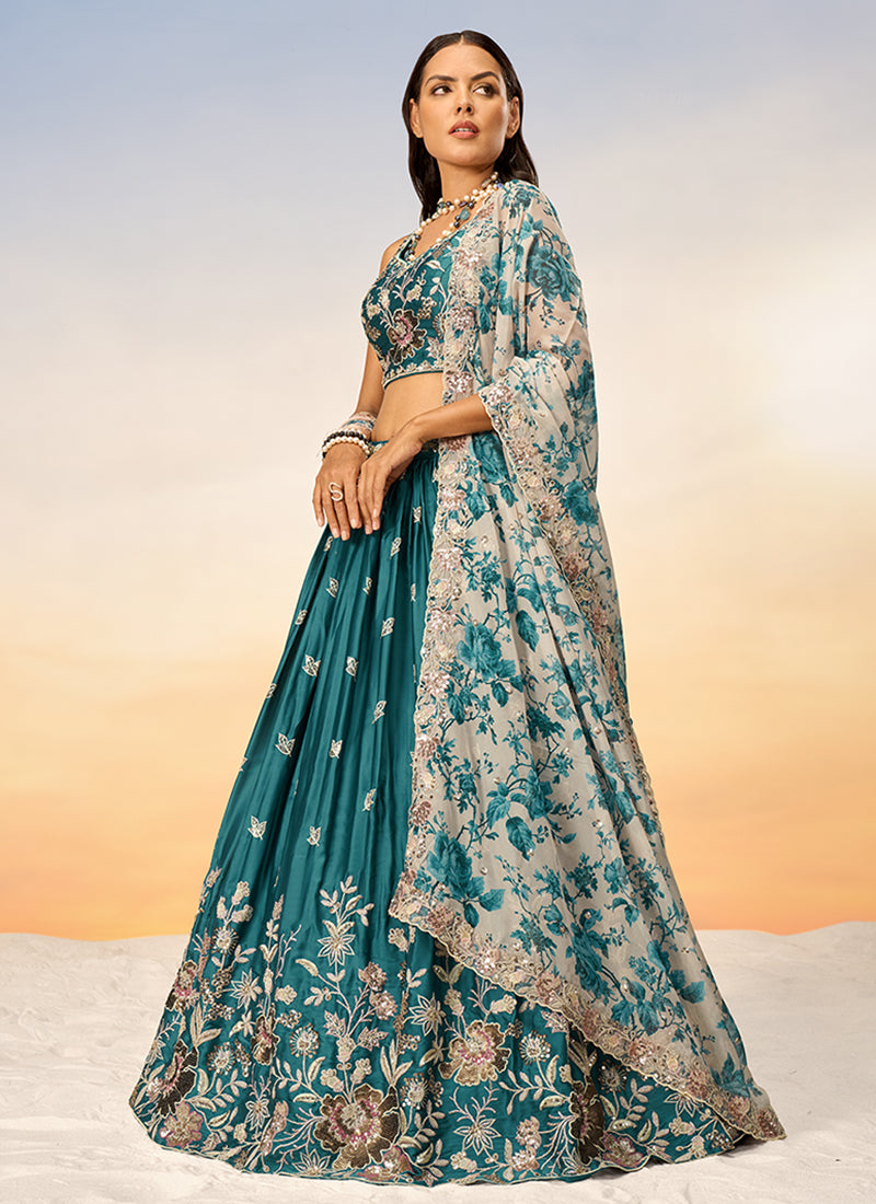 Turquoise Multi Embroidery Bridal Lehenga Choli