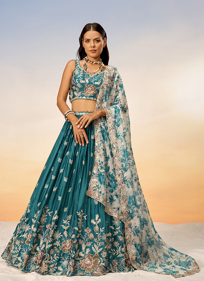 Turquoise Multi Embroidery Bridal Lehenga Choli