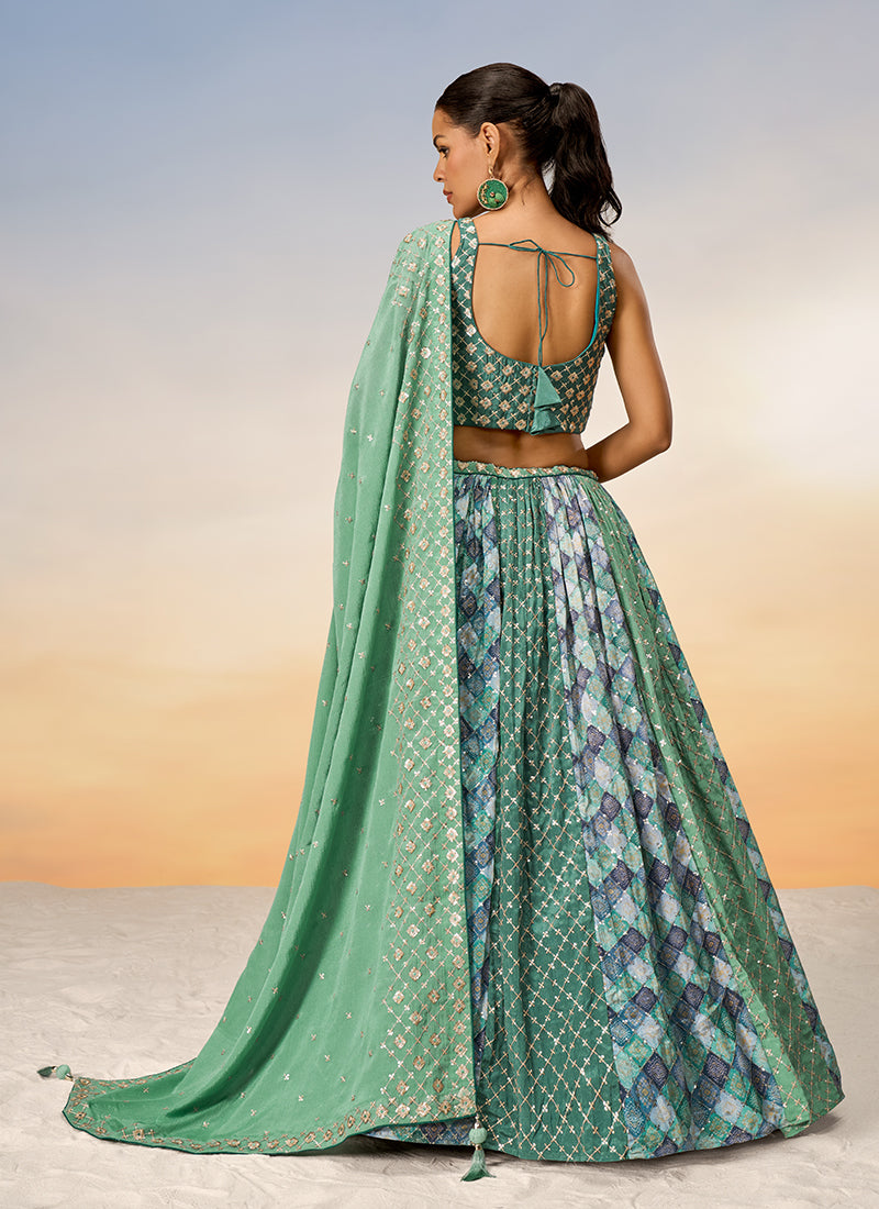 Green Two Tone Sequence Embroidery Bridal Lehenga Choli