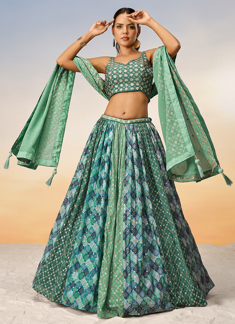 Green Two Tone Sequence Embroidery Bridal Lehenga Choli