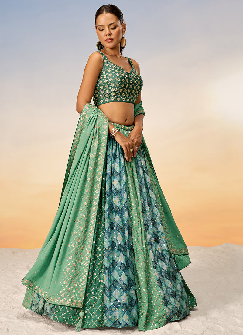 Green Two Tone Sequence Embroidery Bridal Lehenga Choli