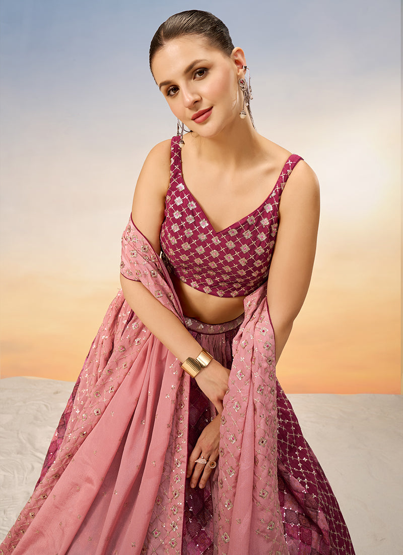 Pink And Wine Sequence Embroidery Bridal Lehenga Choli