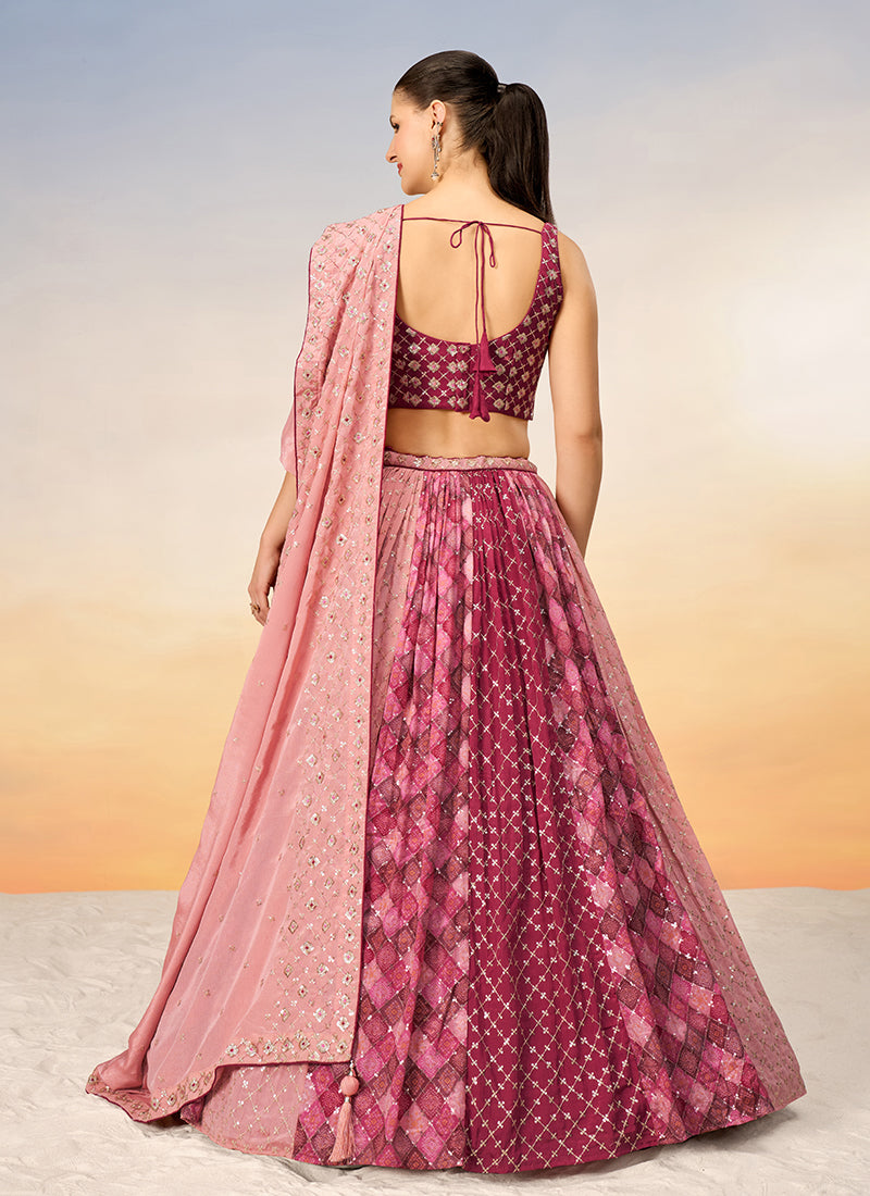 Pink And Wine Sequence Embroidery Bridal Lehenga Choli