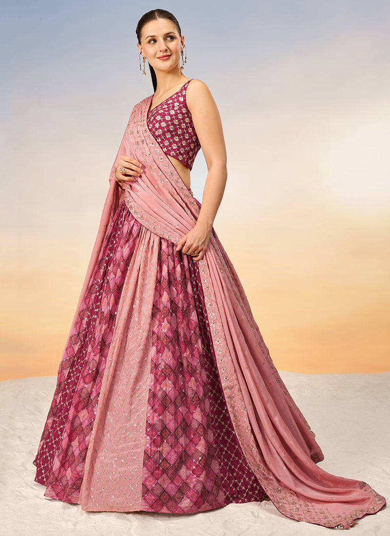 Pink And Wine Sequence Embroidery Bridal Lehenga Choli