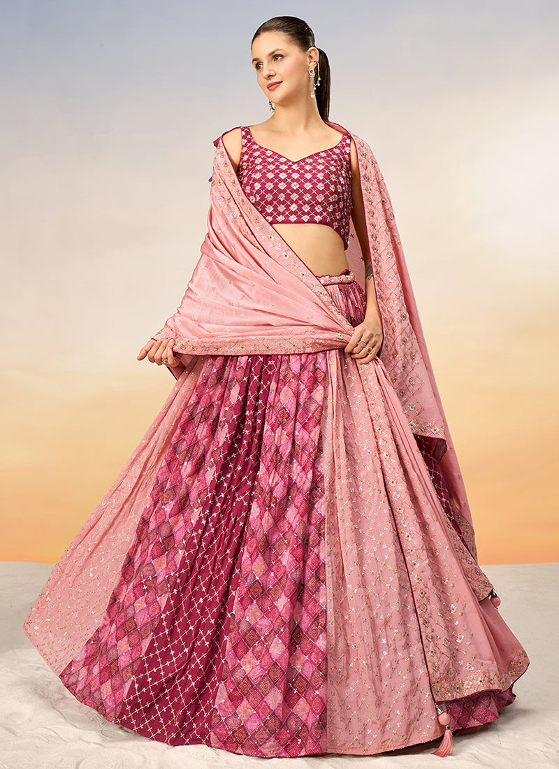 Pink And Wine Sequence Embroidery Bridal Lehenga Choli