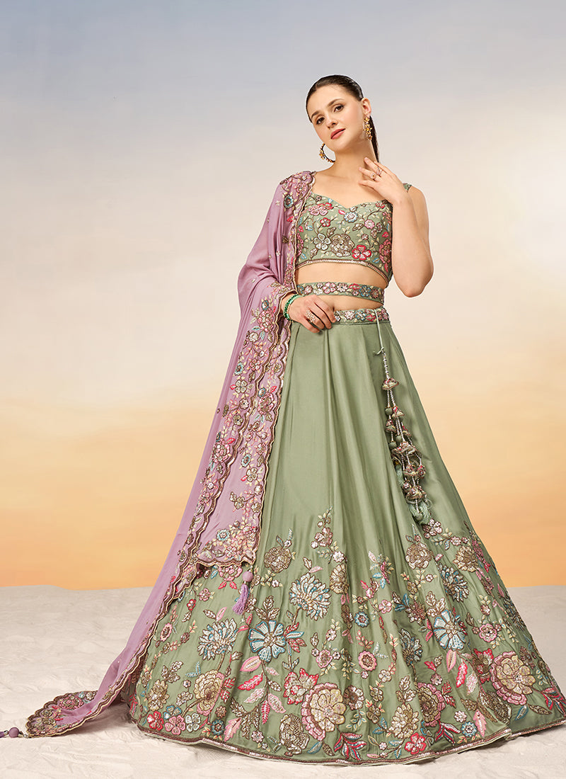 Pastel Green Multi Embroidery Bridal Lehenga Choli