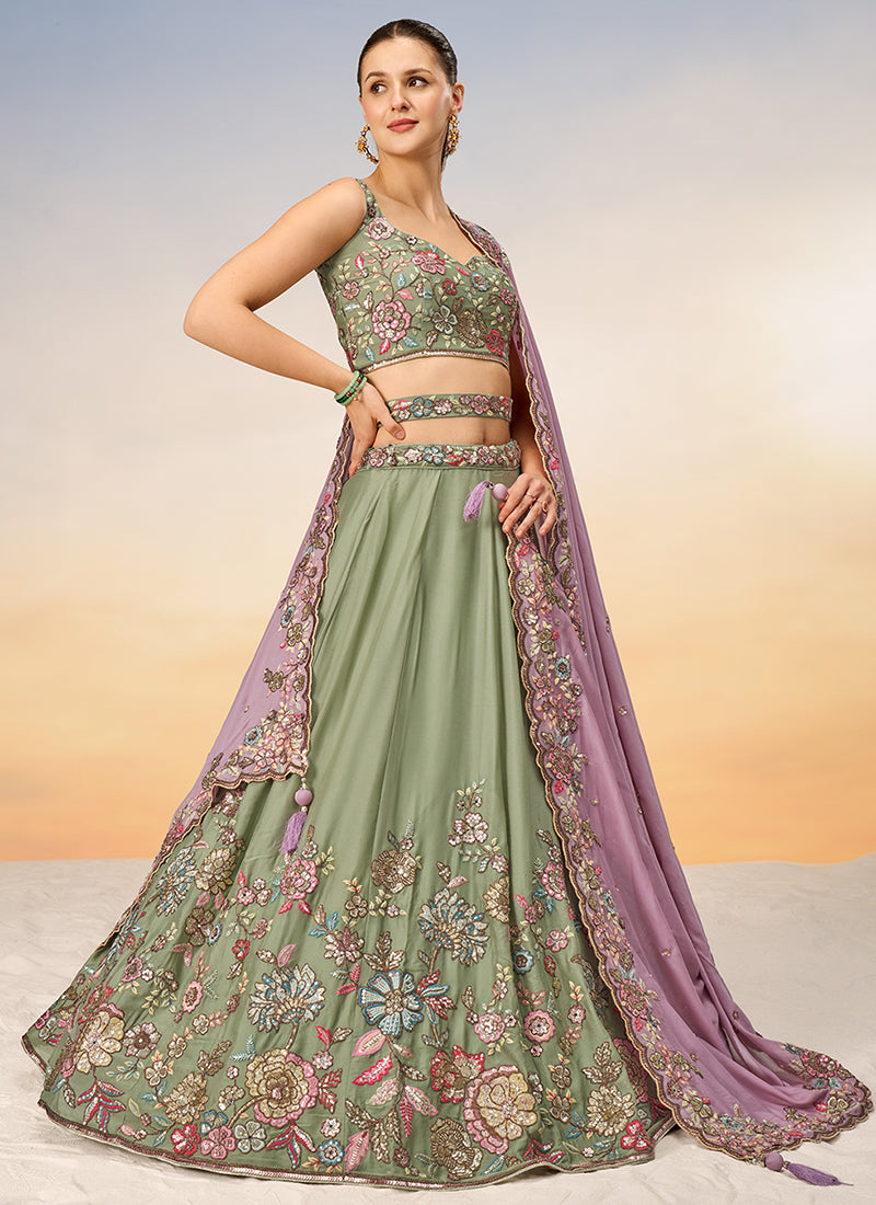 Pastel Green Multi Embroidery Bridal Lehenga Choli