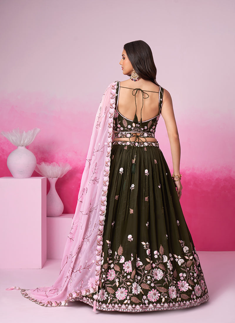 Olive Green Multi Embroidery Bridal Lehenga Choli