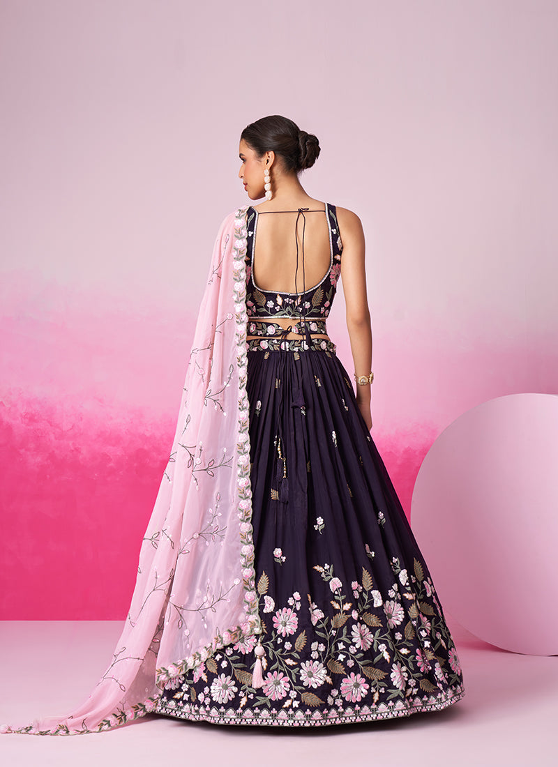 Deep Purple Multi Embroidery Bridal Lehenga Choli