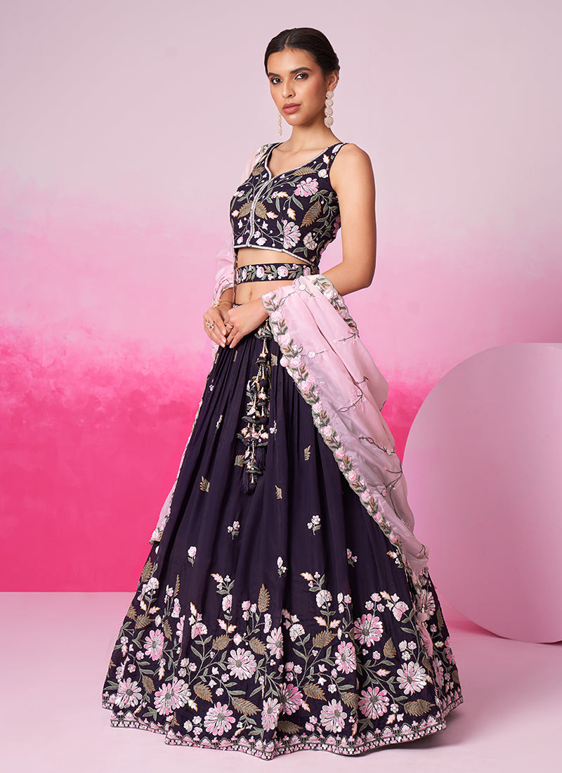 Deep Purple Multi Embroidery Bridal Lehenga Choli