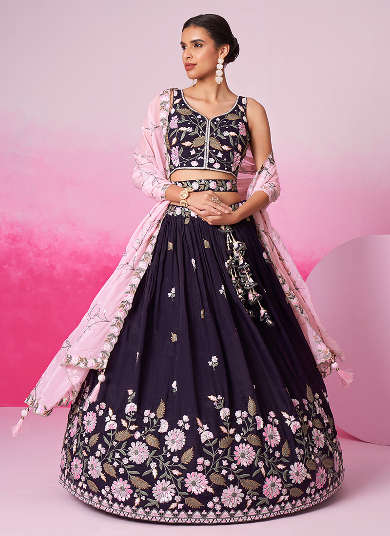 Deep Purple Multi Embroidery Bridal Lehenga Choli