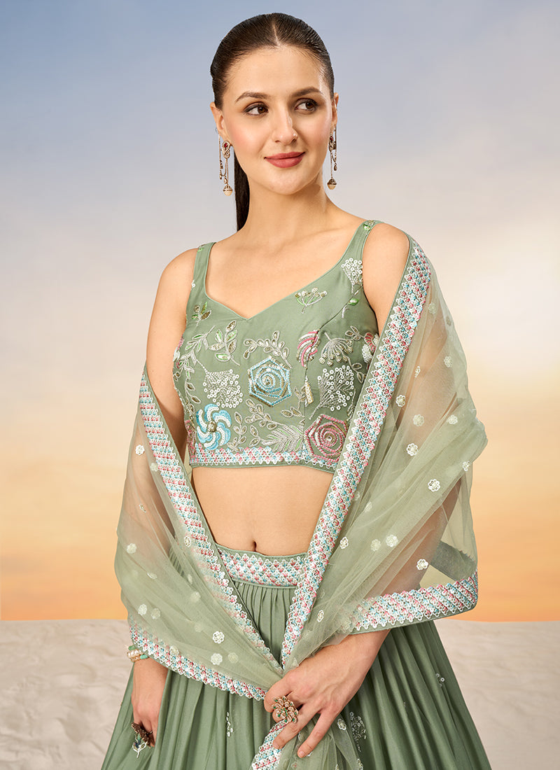 Light Green Multi Embroidery Bridal Lehenga Choli