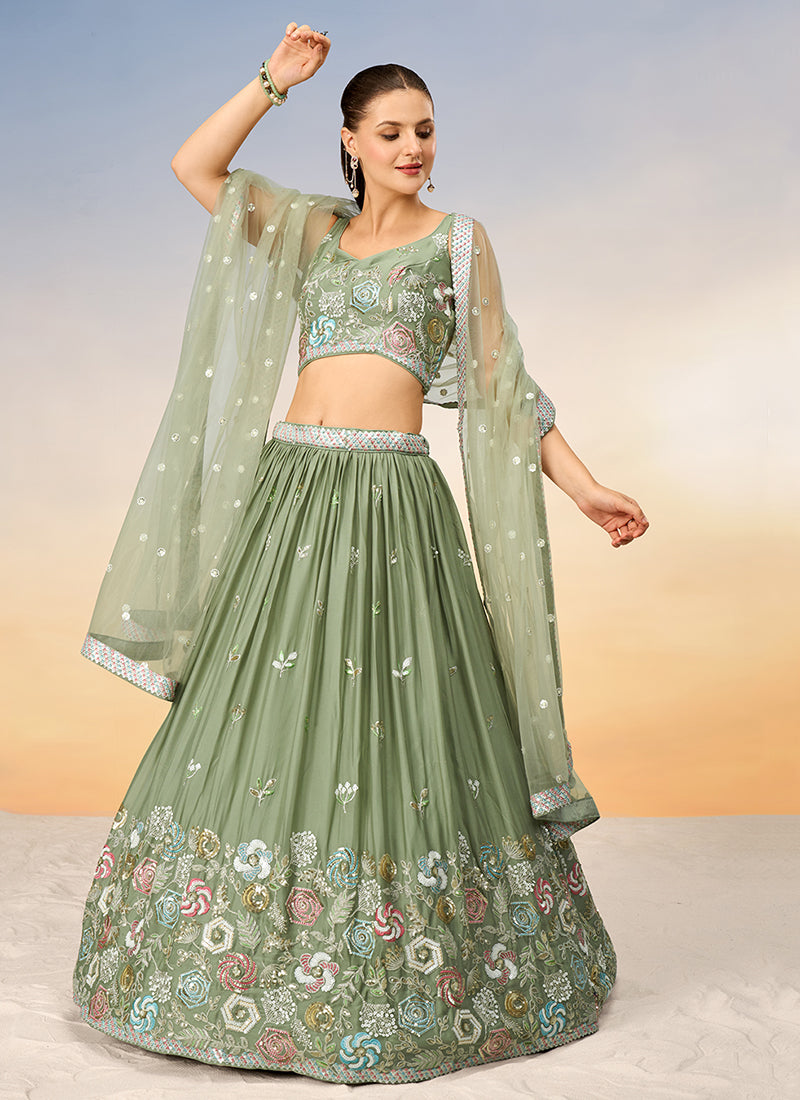 Light Green Multi Embroidery Bridal Lehenga Choli