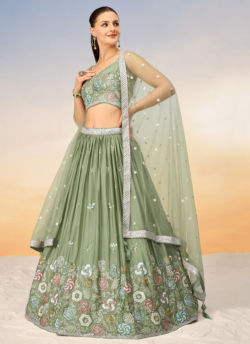 Light Green Multi Embroidery Bridal Lehenga Choli