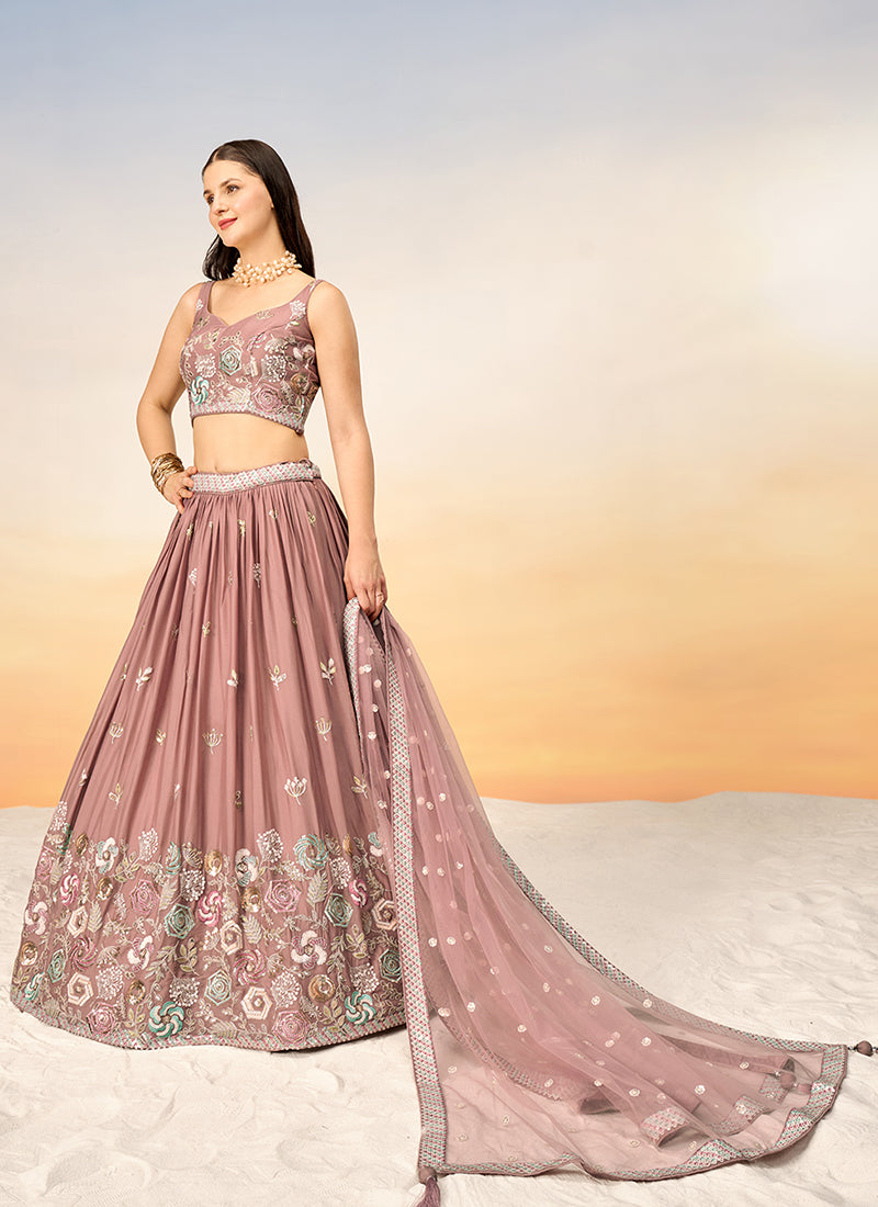 Rose Gold Multi Embroidery Bridal Lehenga Choli