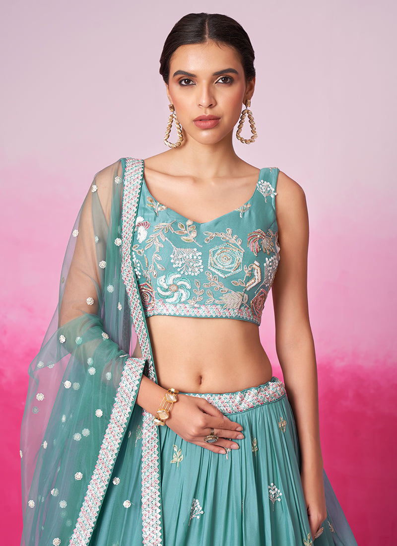 Teal Blue Multi Embroidered Bridal Lehenga Choli