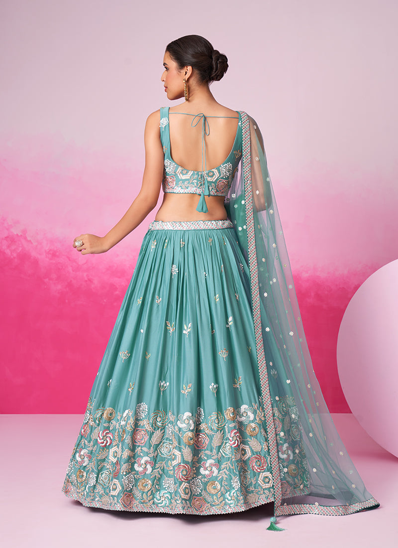 Teal Blue Multi Embroidered Bridal Lehenga Choli