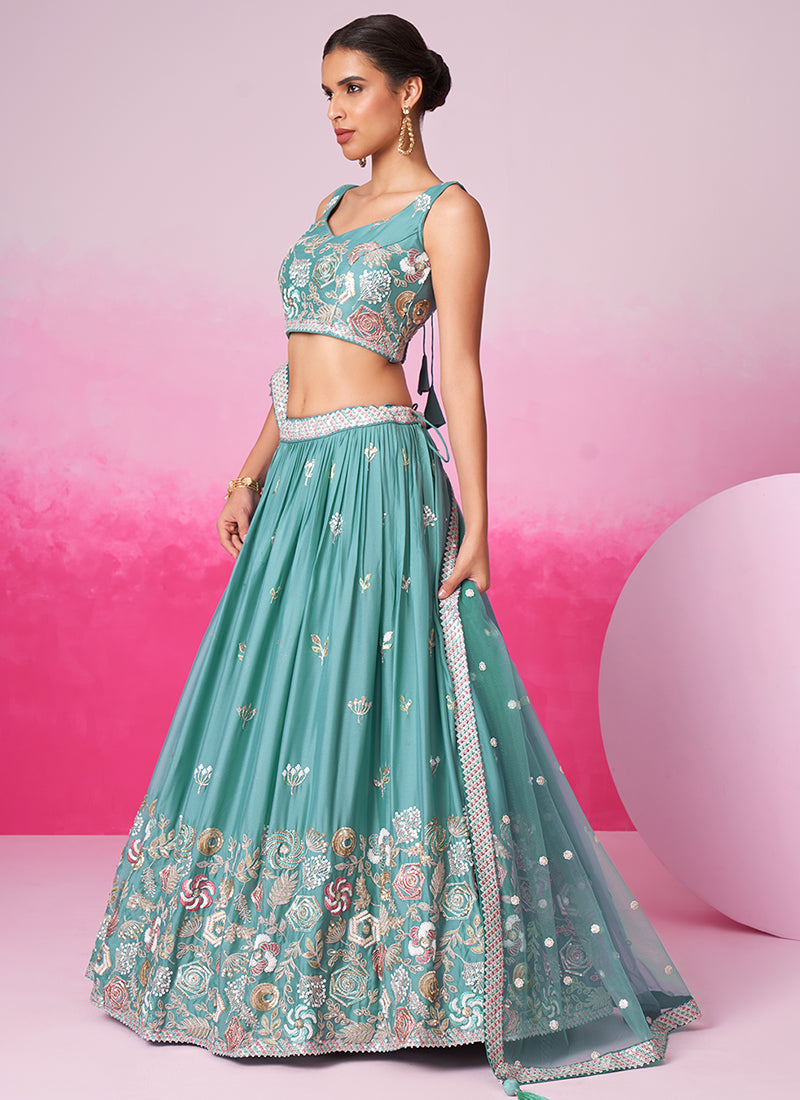 Teal Blue Multi Embroidered Bridal Lehenga Choli