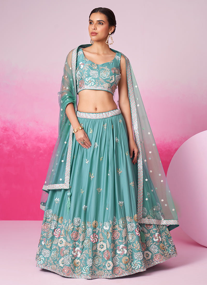 Teal Blue Multi Embroidered Bridal Lehenga Choli