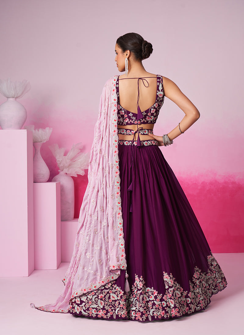 Deep Wine Multi Embroidered Bridal Lehenga Choli