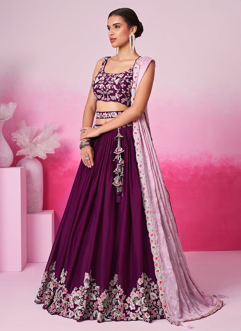 Deep Wine Multi Embroidered Bridal Lehenga Choli