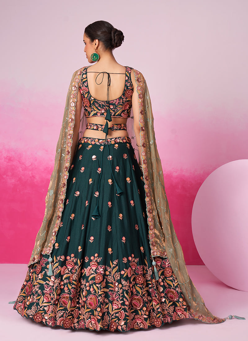 Dark Green Multi Embroidery Bridal Lehenga Choli