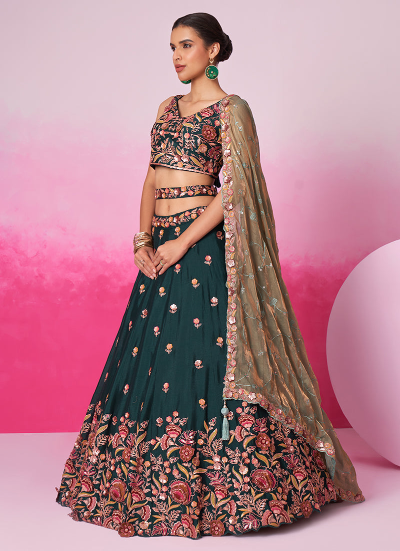 Dark Green Multi Embroidery Bridal Lehenga Choli