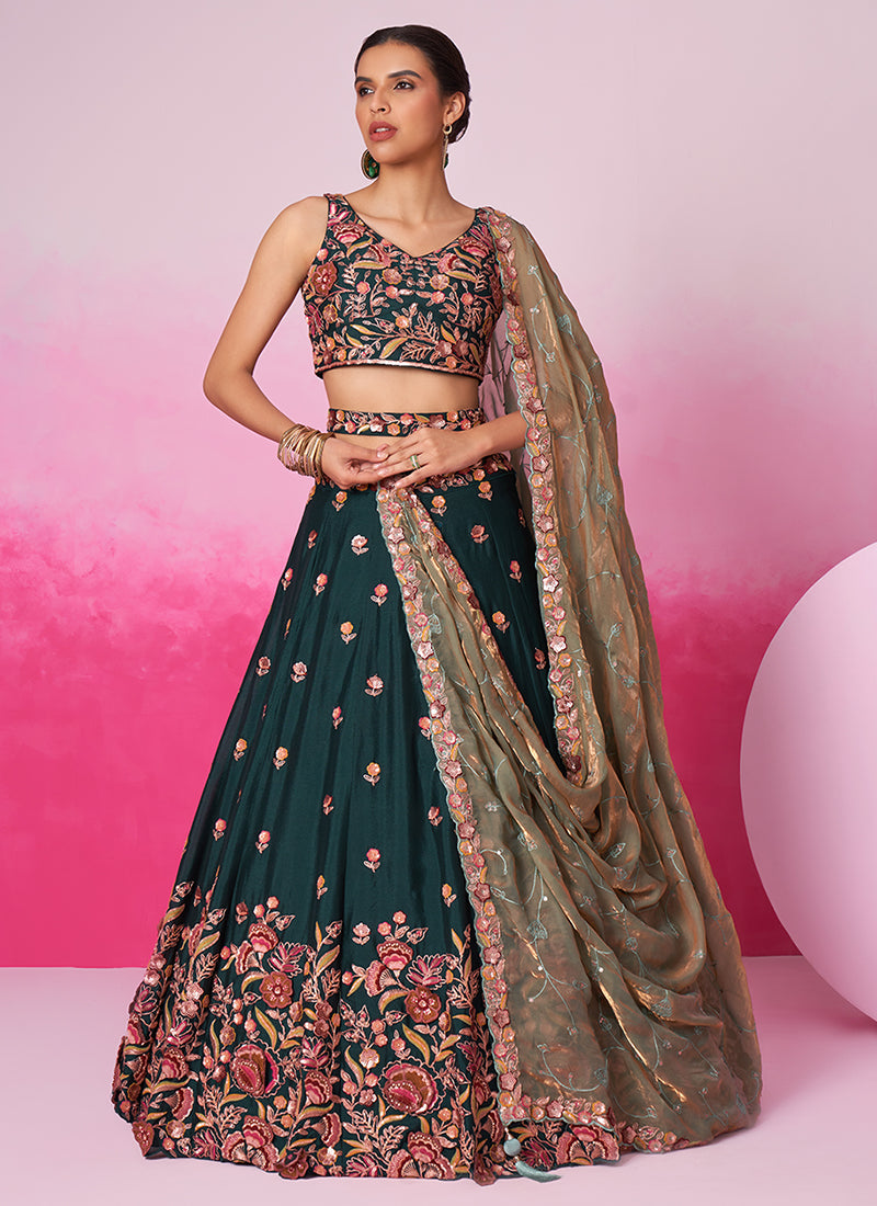 Dark Green Multi Embroidery Bridal Lehenga Choli