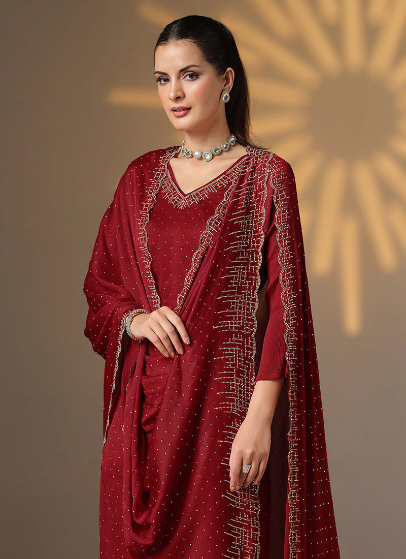 Bridal Red Golden Embroidered Pant Style Suit