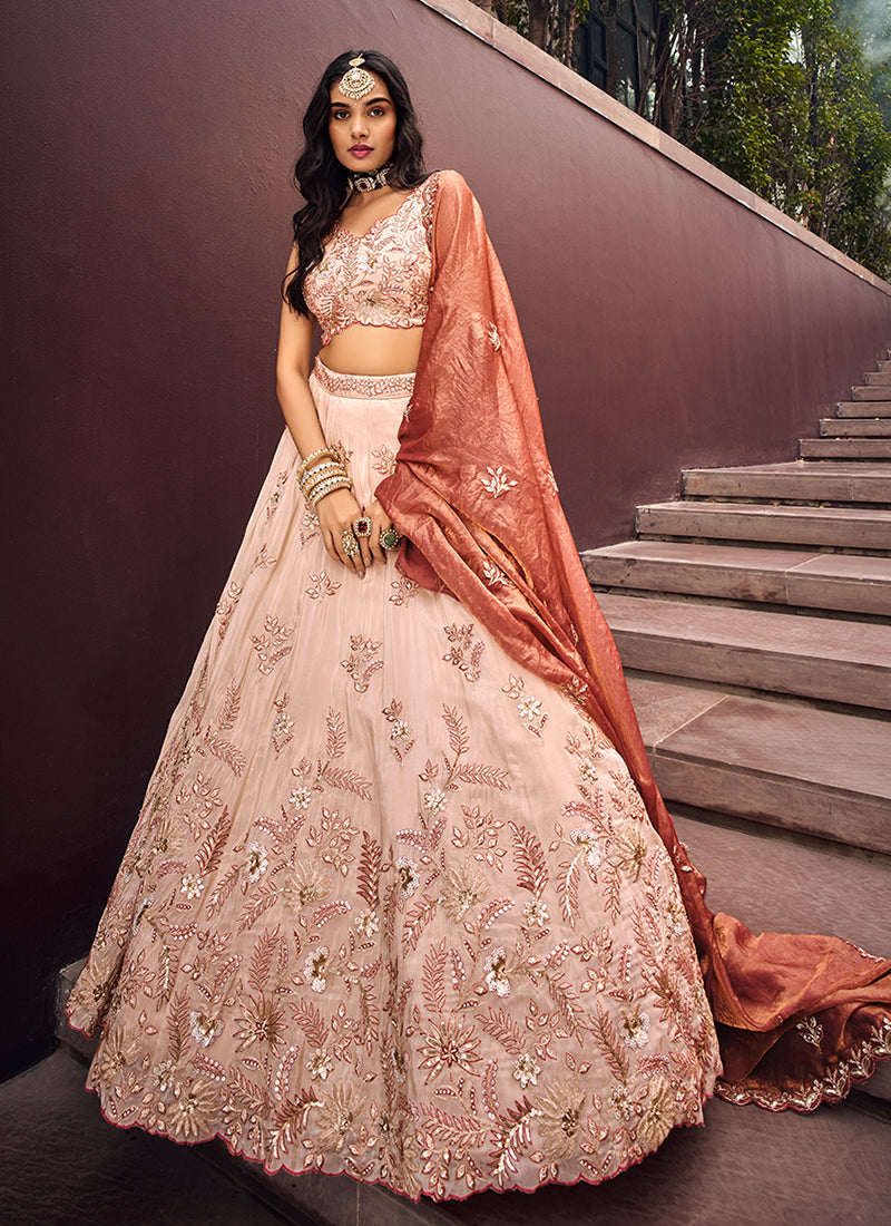 Peach Rust Multi Embroidered Bridal Lehenga Choli