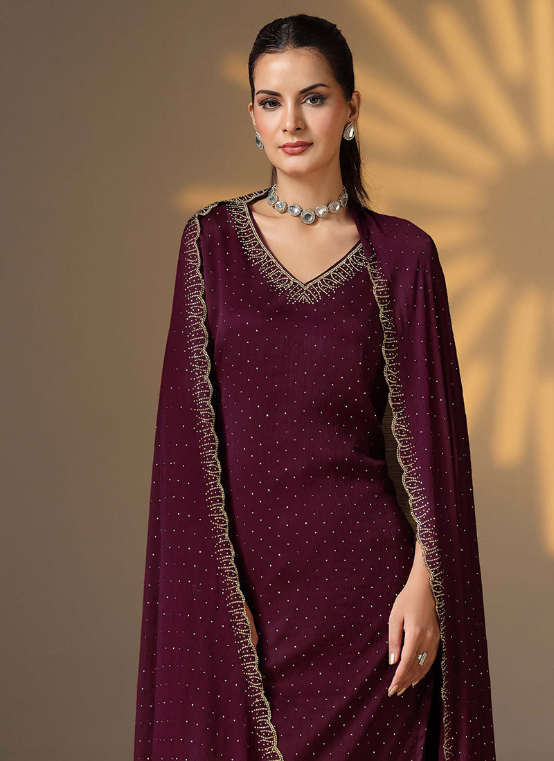 Deep Wine Golden Embroidered Pant Style Suit