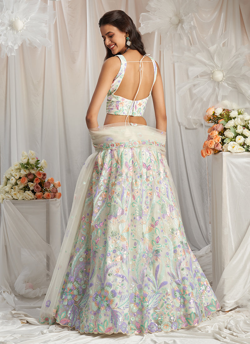 Pearl White Multi Embroidered Bridal Lehenga Choli