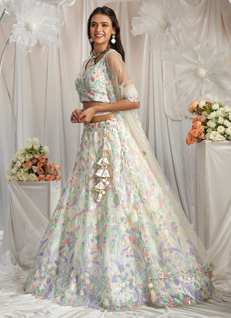 Pearl White Multi Embroidered Bridal Lehenga Choli