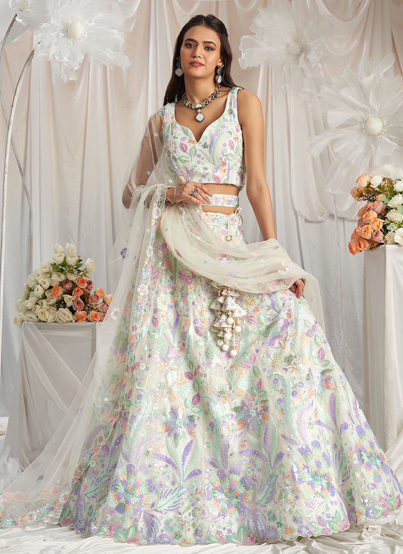 Pearl White Multi Embroidered Bridal Lehenga Choli