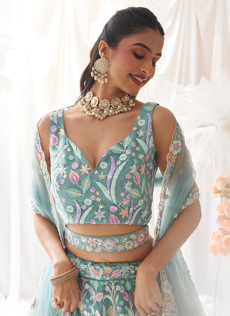 Sea Green Multi Embroidered Bridal Lehenga Choli