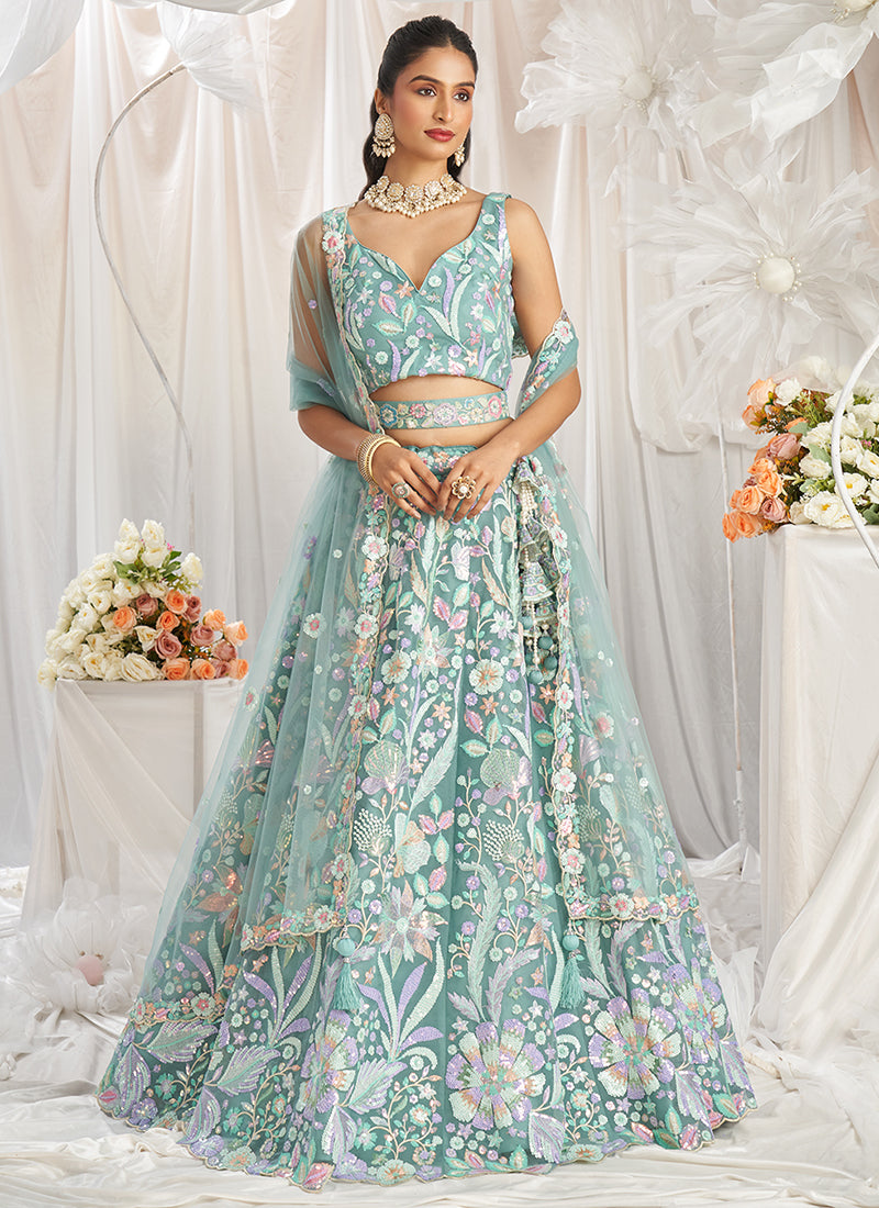 Sea Green Multi Embroidered Bridal Lehenga Choli