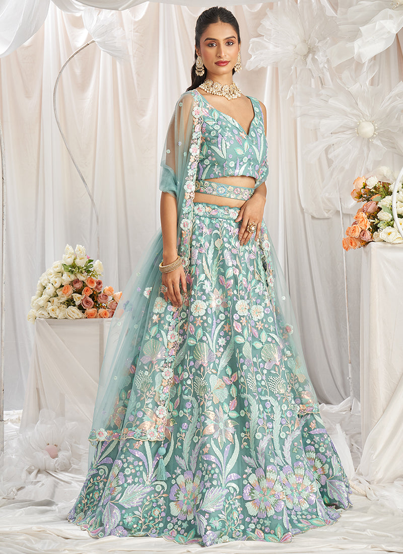 Sea Green Multi Embroidered Bridal Lehenga Choli